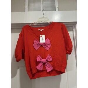 Lalavon Red Sweater w/ Pink Bows Festive Holiday Coquette Preppy Modest Sz Large
